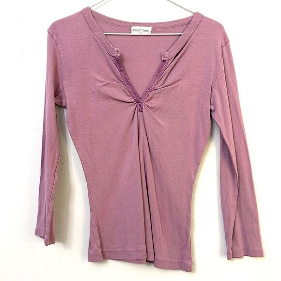 Rebecca Beeson Gathered Split V Neck Cotton Long Sleeve Top Lilac Size 2 - Picture 1 of 4